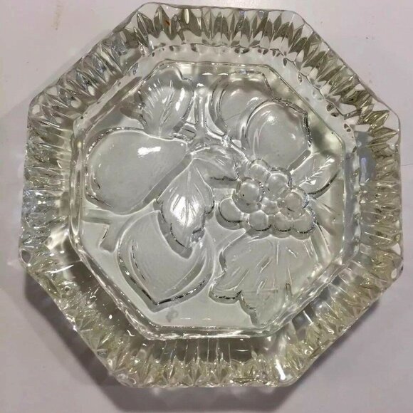 Vintage Table Ashtray Clear Glass Bottom Etched Fruit Octagon Shape 3.8” Wide - Picture 1 of 7